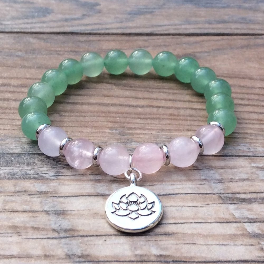 Green Aventurine bracelet with Lotus charm, Rose Quartz, Healing bracelet